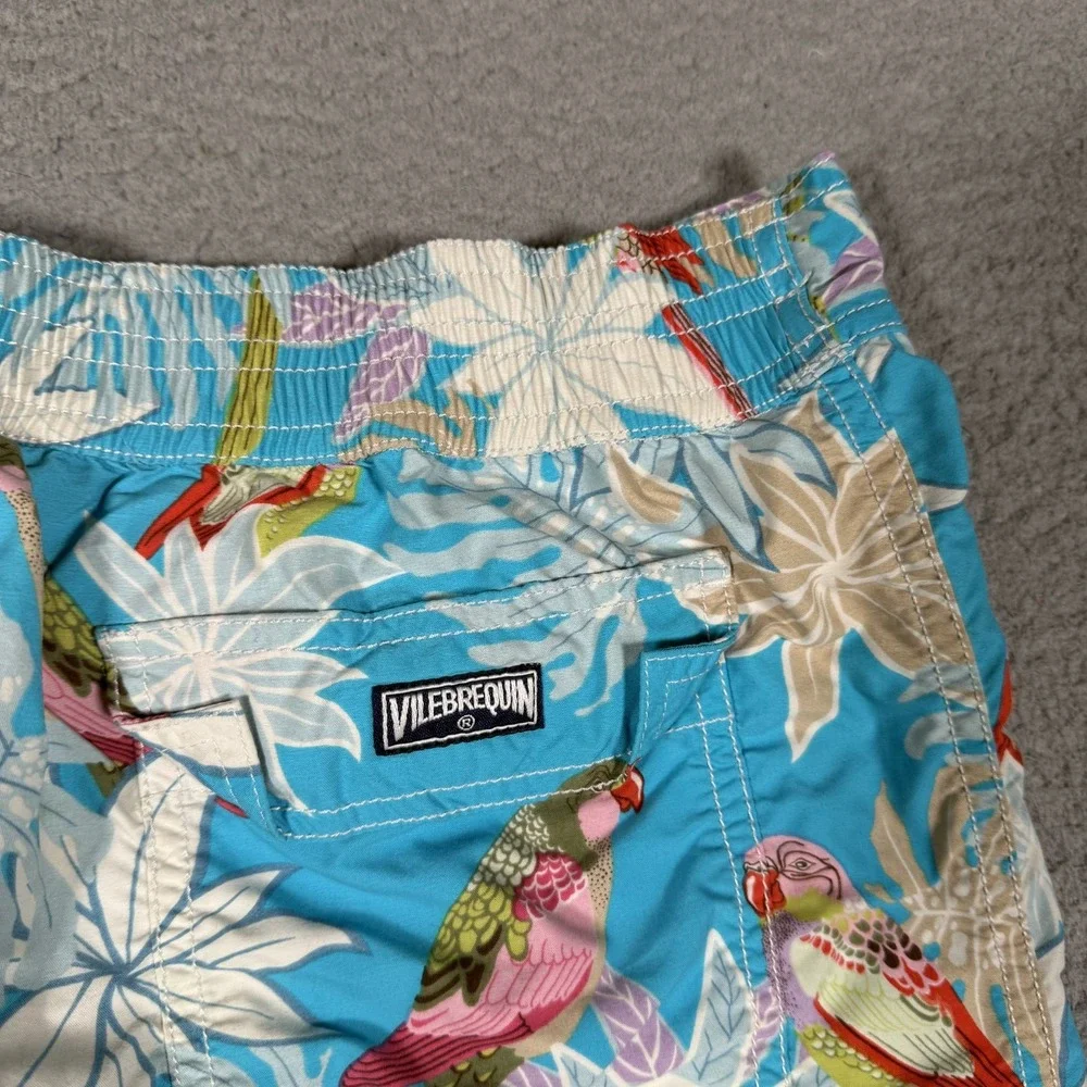 Villebrequin Shorts Mens XXL Blue Floral Parrot All Over Swim Board Pockets Logo
